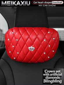 MEIKAXIU PU Leather Embroidered Rhinestone Crown Blingbling Car Headrest Pillow Car Decoration Accessories For Women - PU Soft Leather Crown Version With Artificial Diamonds - View 12