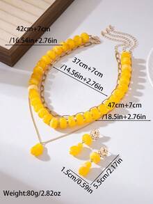 3 piezas/1 set Conjunto de joyas de collar y pendientes de estilo bohemio con capas de cuentas de acrílico, adecuado para uso diario, viajes y vacaciones - Amarillo - Ver 2