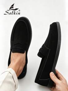 Salkin 經典設計師男士莫卡辛單色麂皮套腳便鞋，男士軟皮鞋，紳士商務社交鞋，男士日常辦公派對休閒鞋，情侶約會浪漫晚餐，返校季學生鞋，校園風，請選擇大一號 - 黑色 - 查看 10