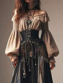 Vintage Off Shoulder Lace Trim Blouse, Pleated Front Balloon Long Sleeve Top With Ruffled Cuffs, Gothic Boho Women Casual Long Sleeve Shirt - 杏色 - 查看 1