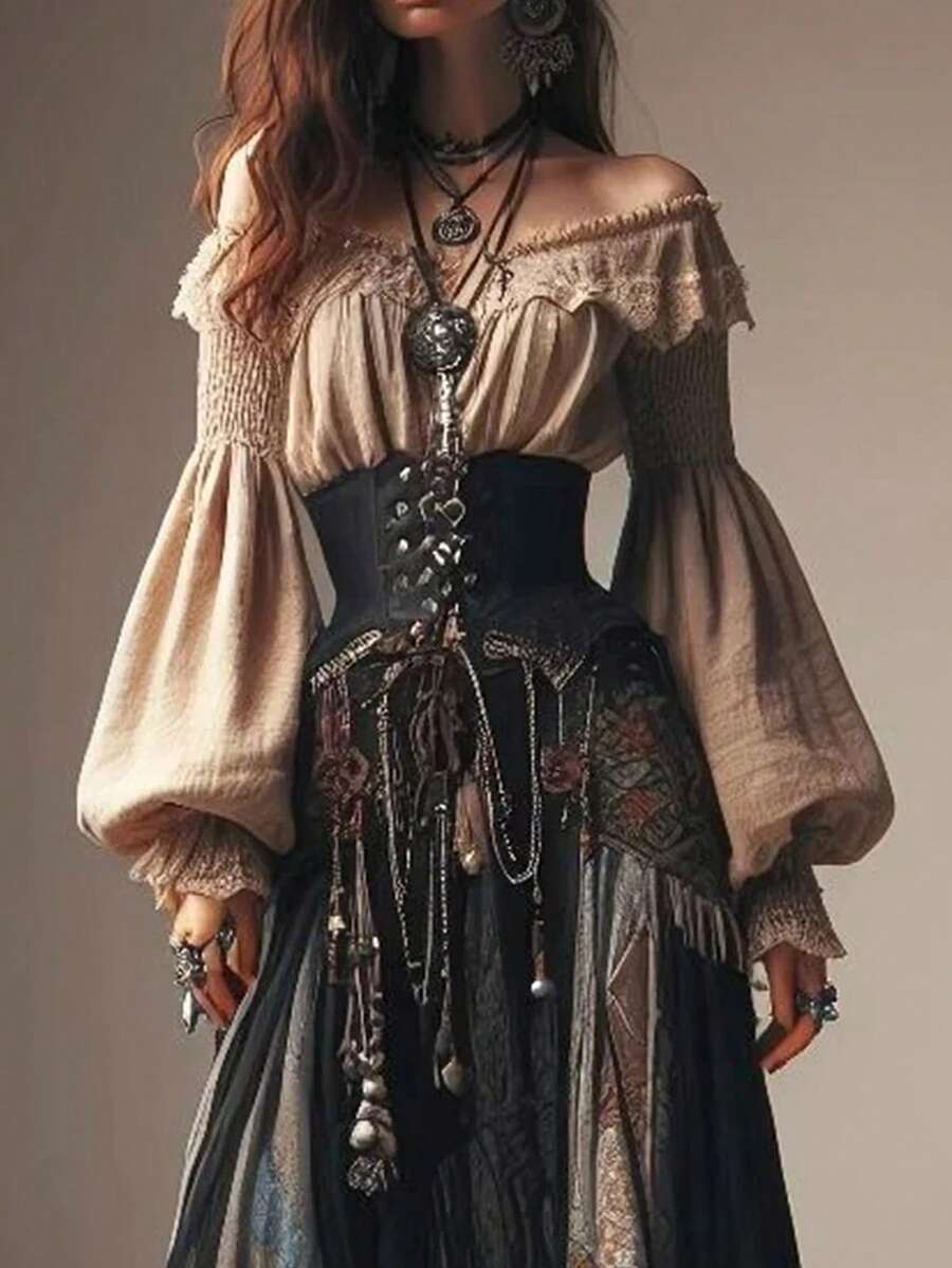 Vintage Off Shoulder Lace Trim Blouse, Pleated Front Balloon Long Sleeve Top With Ruffled Cuffs, Gothic Boho Women Casual Long Sleeve Shirt - 杏色 - 查看 1