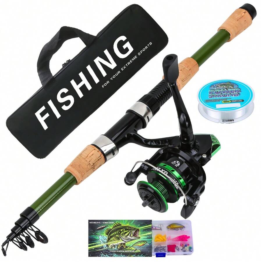 KecchKrezing 1 Set Telescopic Fishing Rod Complete Kit, Includes Ceramic Guides, Spinning Reel, Fishing Line, Mixed Lures, Tackle Box And Portable Storage Bag, Suitable For Outdoor Beginner Fishing