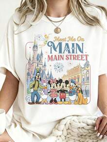 Oversize T-Shirt Disney Retro Meet Me On Main Street T-Shirt Mickey And Friends Tee 100% Cotton For Women, Suitable Daily Outings Summer Casual Wear - 白色 - 查看 1