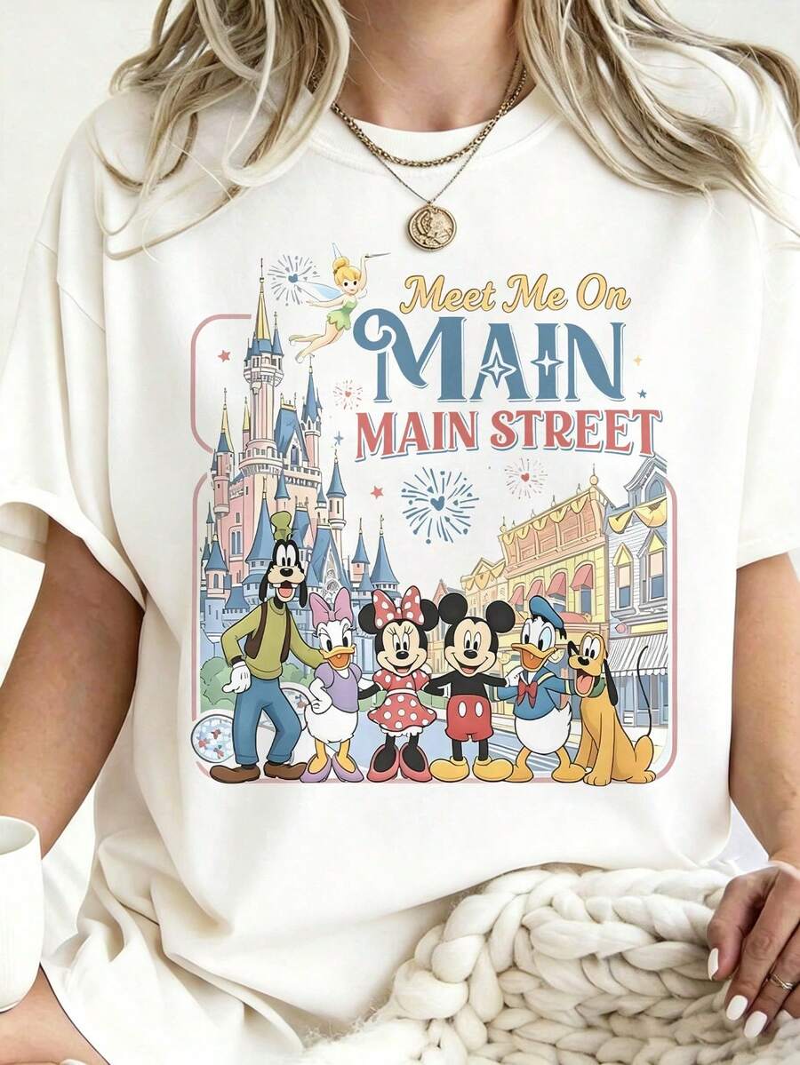 Oversize T-Shirt Disney Retro Meet Me On Main Street T-Shirt Mickey And Friends Tee 100% Cotton For Women, Suitable Daily Outings Summer Casual Wear - 白色 - 查看 1