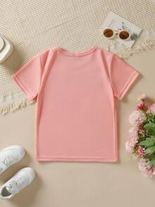 Girls' Short-Sleeved T-Shirt, Spring-Summer Style, With Easter Cartoon Print: Bow, Rabbit, Heart, Colorful Glasses And Bubbles, Versatile Casual Top NY-DX5438 - 軍綠色 - 查看 2