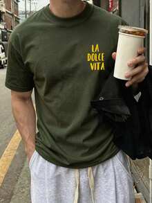 「Sweet Life」印花夏季男士修身T恤，適合度假旅行、海灘、日常聚會 - 軍綠色 - 查看 2