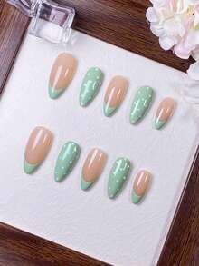 10pcs Handmade Almond Shaped Press-On Nails, Nude Base With Mint Green And White Polka Dot French Tips, Fresh Minimalist Reusable Fake Nail Stickers, Suitable For Spring And Summer Daily Wear - Lime Green - View 3