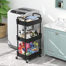 3 Tier Rolling Storage Trolley – Black Utility Cart With Wheels For Kitchen, Bathroom & Laundry Organiser - Black - View 2