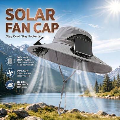 Solar Powered Fan Hat With 2 Removable Fans Wide Brim Sun Hat For Outdoor Fishing, Hiking Gardening, USB Solar Charging