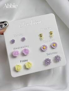 6 Paar sortierte Blumen-Ohrstecker Set für Frauen, geeignet für den täglichen Gebrauch und Pendeln, Schmuckgeschenk für Freunde - Verschiedenfarbig - Übersicht 7