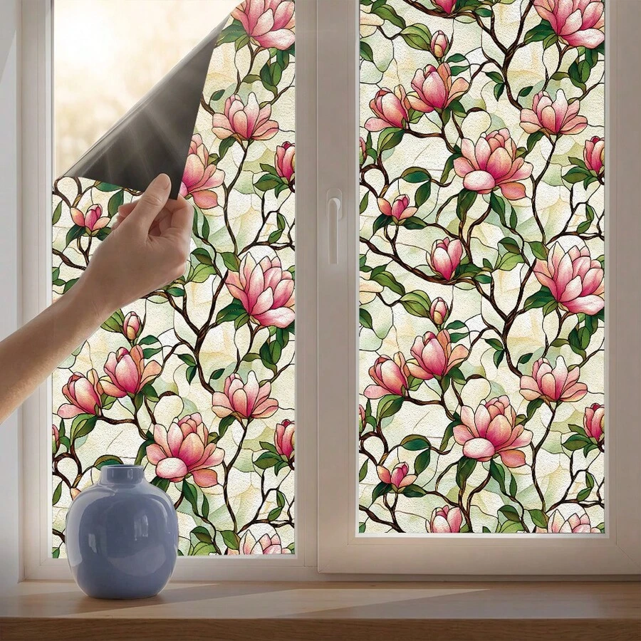 1pc Watercolor Floral Static Cling Privacy Window Film, Removable And Reusable PVC Electrostatic Adsorption, For B&B Living Room Bedroom Door Window Sun Protection Static Glass Sticker