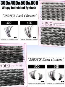 YIDUO 980pcs 6-Style Mixed Cluster Eyelash Extension Set, 80D-300D Pointed Base Dense D-Curl Lashes 5-20mm, Complete DIY Kit With 2 Bottles Of Adhesive & Sealer, Remover, Tweezers And Brush, Suitable For Home Use - Multicolor - View 4