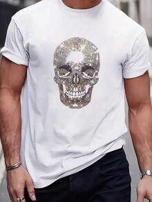 Men's Plus Size T-Shirt With Shimmering Skull Design, Casual, Crew Neck, Short Sleeve For Summer – Unique And Eye-Catching Style - 白色 - 查看 1