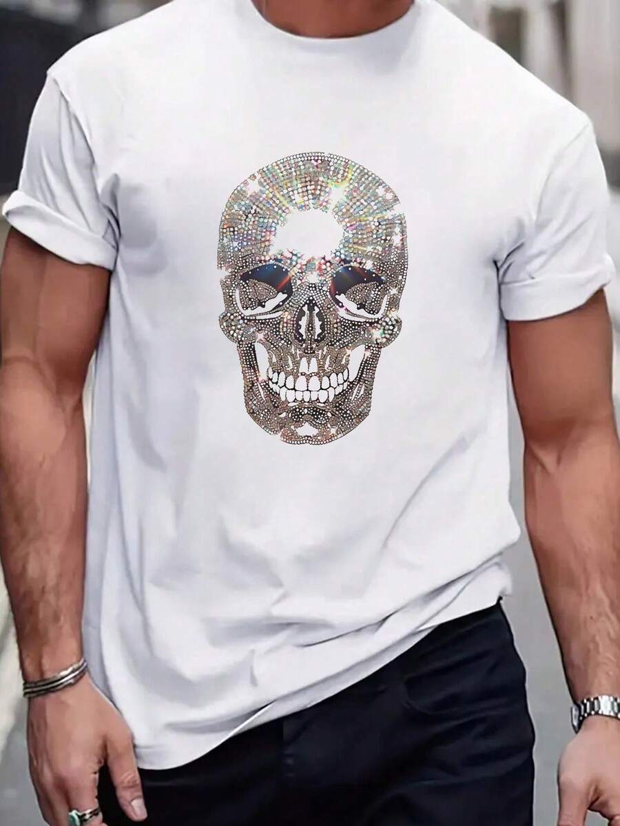 Men's Plus Size T-Shirt With Shimmering Skull Design, Casual, Crew Neck, Short Sleeve For Summer – Unique And Eye-Catching Style - 白色 - 查看 1
