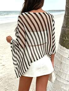 Blusa de punto de verano con diseño asimétrico de color a contraste y rayas, talla grande - Blanco y Negro - Ver 9