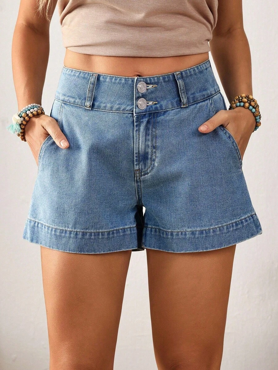 Women's Retro Solid Color Loose Fit Belted Straight Leg Denim Shorts, Summer - Blue 3 - View 1