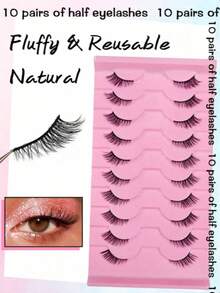10 Pairs Natural Half-Piece Cat Eye Style False Eyelashes, Fluffy Long 3D Faux Mink Hair False Eyelashes Set, Soft False Eyelash Strips, Suitable For Cosplay And European And American Style Eyelash Extensions - Black - View 9