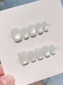 10pcs Handmade Short Square Nail Stickers, Cream White Full Pearl Cat Eye, Pure Minimalist Elegant Style, Suitable For Women And Girls, Spring Summer Autumn Winter Holidays Vacation Party And Daily Use - White - View 2
