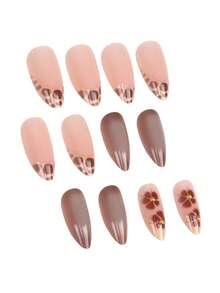 24pcs Elegant Vintage Street Style Minimalist Daily Gold Metal Bead Decor Mocha Brown Floral Brown Tortoise Shell Medium Almond Shaped Press-On Nails Fake Nails Set, Suitable For Girls And Women With Personalized - Mocha Brown - View 3