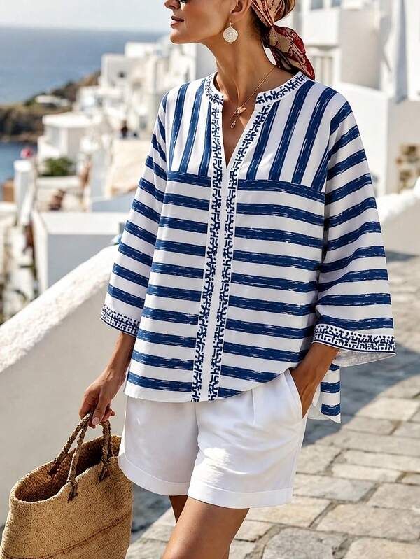 Blue White Hand Painted Striped Resort Blouse, Geometric Trim 3/4 Bell Sleeve Loose Beach Tunic Shirt For Women Summer Vacation Outfits
