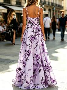 Full Length Floral & Leaf Print Maxi Dress, Suitable For Wedding Vacation Party - Violet Purple - View 3