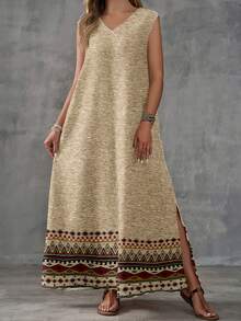 Vestido Maxi Sin Mangas Cuello V con Estampado  , Tela Lino Algodón Holgado con Abertura Lateral Mujer Estilo Boho - Flor negra - Ver 9