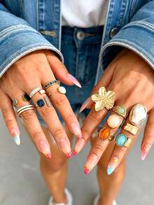 50/36/20/6pcs Women's Bohemian Vintage Fashion Ring Set, Gold-Tone Faux Colorful Gemstone Pearl Asymmetric Polished Tiger Eye Sunflower Wide Geometric Liquid Rings, Exaggerated Old Money Style Stackable Wide Bands, Fashion Elegant Versatile Ring Set (Random Styles) - Yellow Gold - View 4
