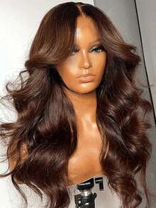 34 Inch Body Wave Chocolate Brown 13x4 HD Transparent Lace Frontal Wigs Glueless Wigs Human Blended Hair 200% Density Brazilian Virgin Hair Wig Pre Plucked Natural Hairline & Pre-Bleached Invisible Knots With Baby Hair - 棕色 - 查看 1