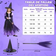 HomeChi Disfraz Bruja para Niña Halloween, Vestido de Bruja con Sombreros y Palos de Escoba, Outfit Lindo Trajes Cosplay para Fiestas Infantiles Cumpleaño Espectáculo Carnaval Halloween - Morado - Ver 1