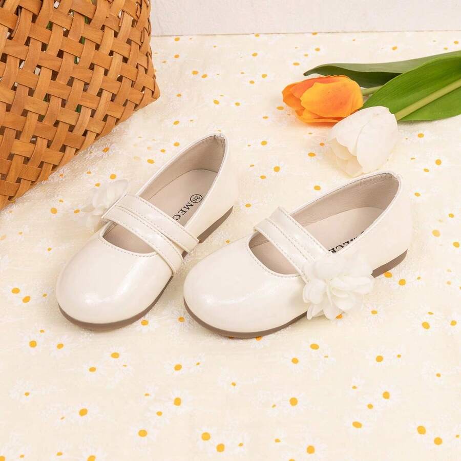 Zapatos planos cómodos para bebé con correa de tobillo, cierre de y decoración floral, estilo princesa sencillo