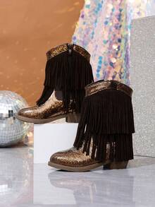 NILOSH Girls' Glitter Tassel Denim Boots, Western Mid-Calf Boots, Suitable For Parties, Dancing And Performances - Chocolate Brown - View 7