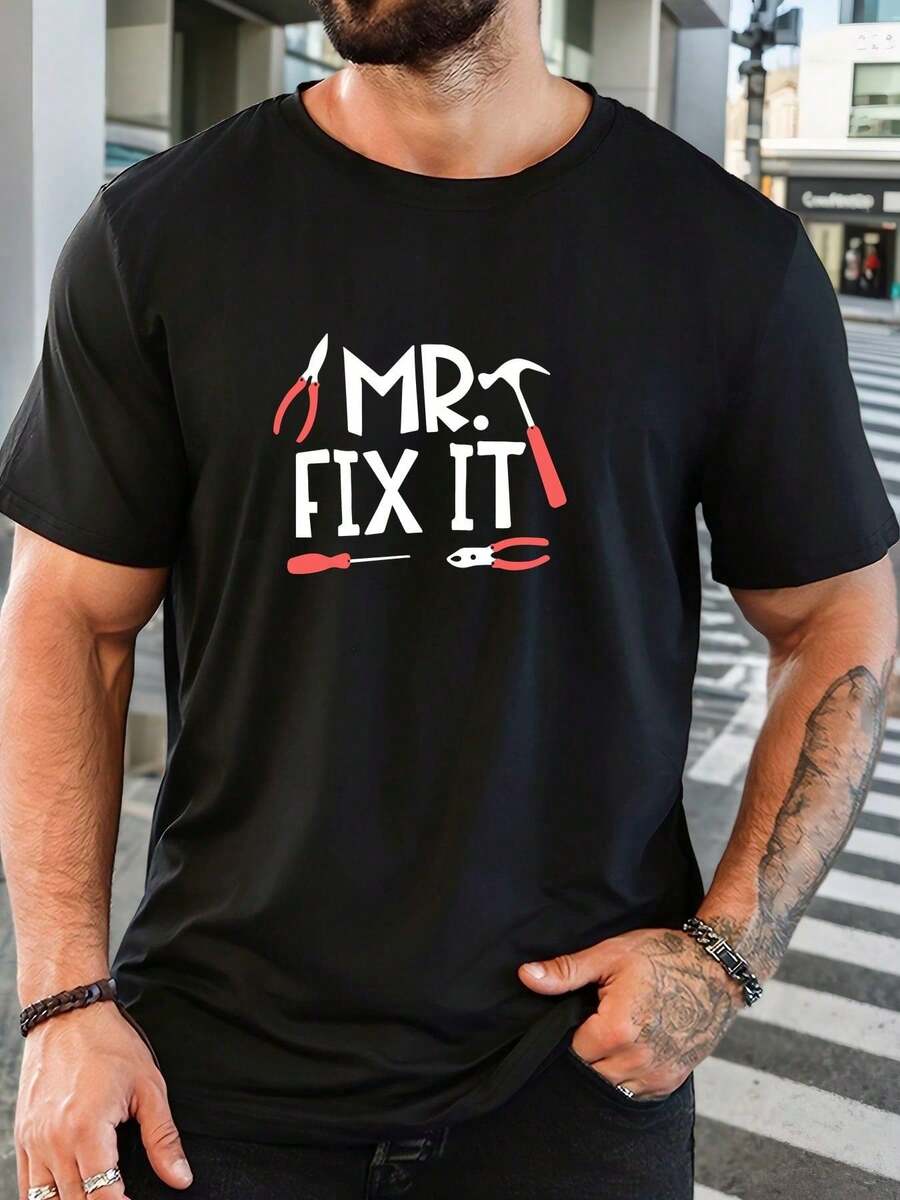 Men's T-Shirt With Repair Tool Print, Summer, Casual, Crew Neck, Short Sleeve. - 黑色 - 查看 1