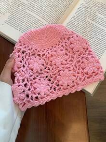 1 pieza Gorro de estilo vintage para mujer, hueco, transpirable, hecho a mano con patrón floral de ganchillo, versátil, que estiliza el rostro, para viajes y uso diario - flores - Ver 15