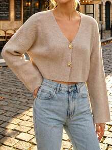 Perirose Women's Light Brown V-Neck Ribbed Knit Cardigan, Gold Button Detail, Short Length Long Sleeve, Suitable For Summer And Autumn, Casual Commute Business, Back To School Date Street Style, Fall Clothes For Women, Teacher Outfits For Women - Coffee Brown - View 6