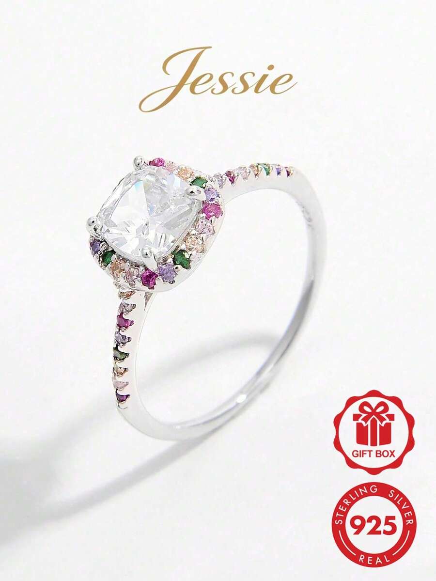 Jessie Jewelry 1枚經典優雅閃亮925銀方形主石戒指,體現優雅的結婚訂婚新娘珠寶禮物 - 銀色 - 查看 1
