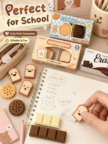 4pcs Cute Snack Shaped Erasers, Chocolate Cookie Toast Cartoon Pencil Erasers, Fun Food Style Stationery, Suitable For School, Office, Planner, Classroom Rewards And Back To School Gifts - Cute Snacks - View 2