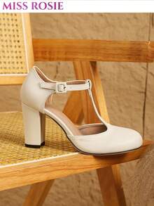 [MISS ROSIE]Women's Elegant Fashion High Heel Mary Jane Shoes T-Strap Round Toe Low Vamp Chunky Heel Comfortable Soft Non-Tiring Pink Beige Black Shoes Spring Summer New Style Bridal Shoes Summer Promotion Hot-Selling Vacation Business Etiquette Back To School Sports Mary Jane Island Wedding Shoes Commute Shoes Y2K Millennium Style Internet Celebrity Style Petite Height-Increasing French Vintage Ultra High Heel - Apricot - View 6