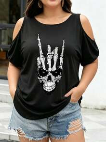 Plus Size, Women's Black & White Skull Fingerprint Graphic Oversized T-Shirt - Cold Shoulder Strapless Top, Gothic Punk Rock Style Everyday - 黑色 - 查看 2