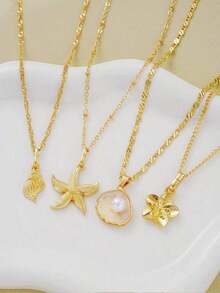 4pcs Bohemian Style Summer Ocean Theme Starfish Shell Pearl Flower Pendant Women's Multi-Layer Stackable Necklace, Suitable For Beach Vacation, Travel, Women's Daily Decoration, Outfit Matching, Please Do Not Touch Water To Avoid Rusting - Gold - View 3