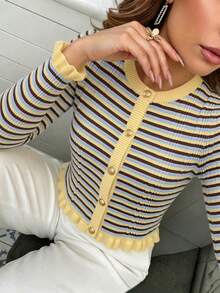 Women's Autumn Striped Patchwork Round Neck Metal Button Ruffle Hem Long Sleeve Knit Cardigan, Multi-Color Striped Knit Sweater Fall - Multicolor - View 6
