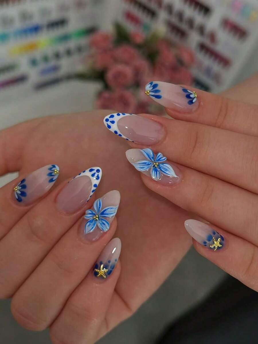 24片杏仁形夏季藍色法式花卉水滴風可愛合金穿戴甲凝膠美甲用品美甲套組(含1片果凍膠與1片指甲锉),適合女性日常配戴、約會與派對 - 彩色 - 查看 1