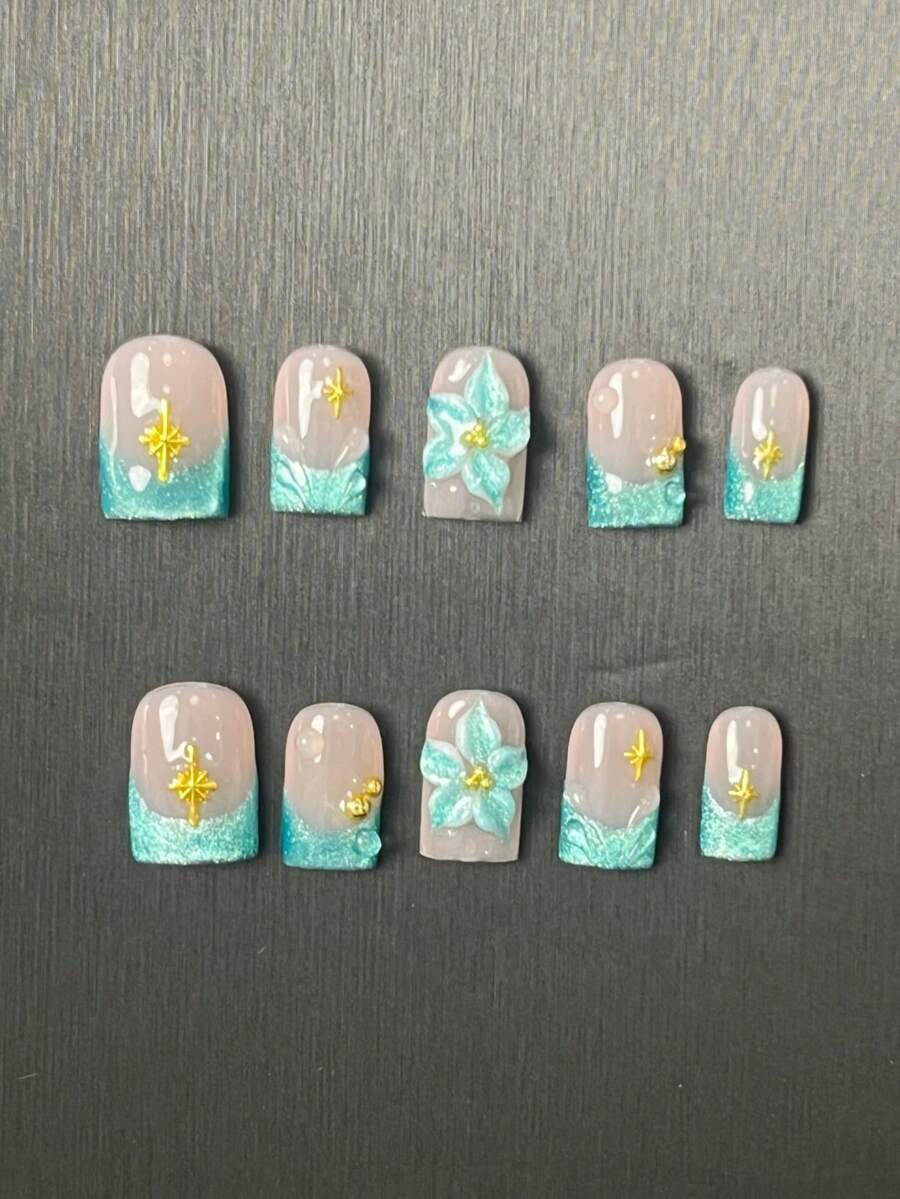 10pcs Ice Blue 3D Carved Starlight French Style Short Square Press-On Nails, Cat Eye Rhinestone French Metal Star Removable Reusable, Summer Fresh Pure White Handmade Nail Stickers, Suitable For Holiday Parties - Cadet Blue - View 1