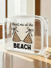 「Meet Me At The Beach」字母印花 PVC 防水沙灘包，豹紋泳衣圖案，PVC 化妝包，拉鍊密封 PVC 旅行收納袋，輕量耐褪色女用化妝洗漱包，TSA 認證便攜化妝收納盒，易清潔設計，適合媽媽、老師、朋友、護理師，適用學校假期、度假、開學洗漱包 - 彩色 - 查看 1
