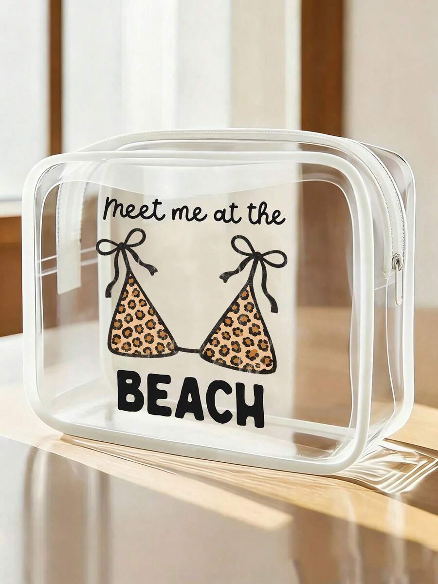 「Meet Me At The Beach」字母印花 PVC 防水沙灘包,豹紋泳衣圖案,PVC 化妝包,拉鍊密封 PVC 旅行收納袋,輕量耐褪色女用化妝洗漱包,TSA 認證便攜化妝收納盒,易清潔設計,適合媽媽、老師、朋友、護理師,適用學校假期、度假、開學洗漱包 - 彩色 - 查看 1