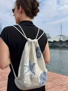 女款編織網格抽繩後背包 波西米亞風鉤針手提包 休閒沙灘包 適合返校季 - 彩色 - 查看 3