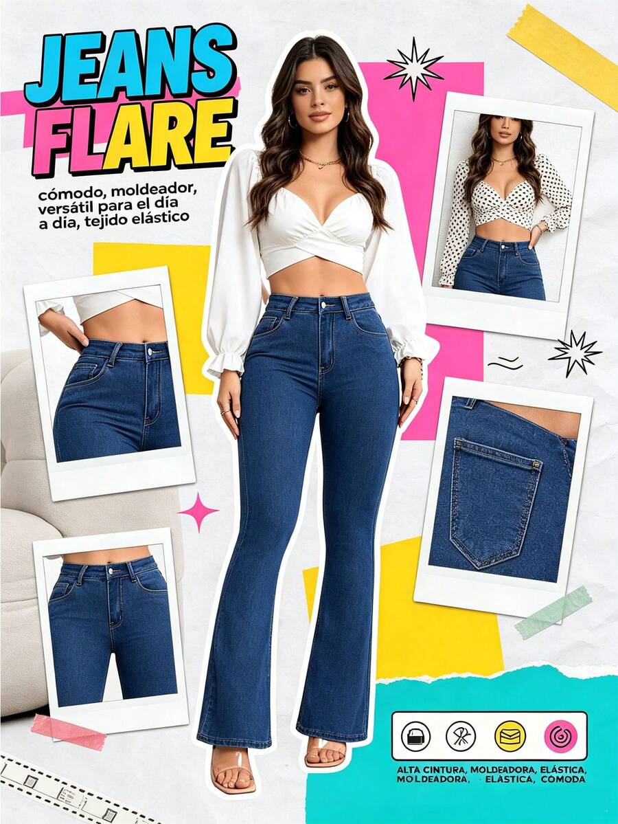 Pantalones Acampanado De Mujer,Pantalones Strech de corte para mujeres, acabado en sucio en la rueda, suave y cómodo para todas las ocasiones. - Azul - Ver 1