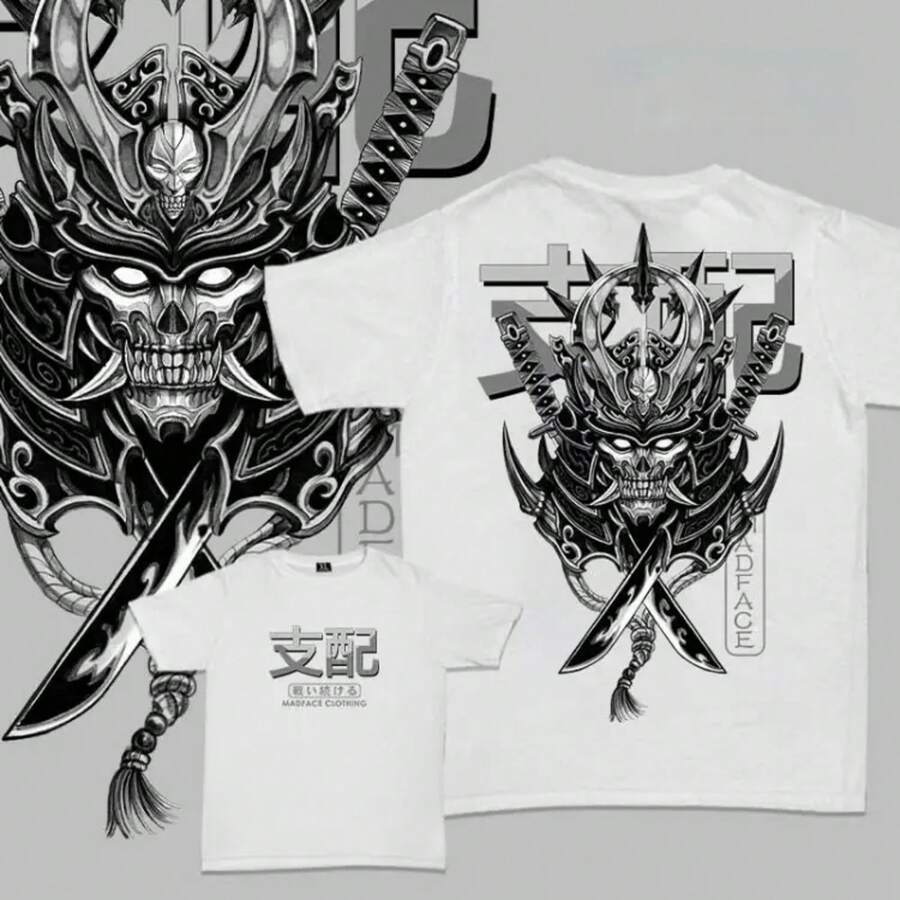 Unisex Black T-Shirt 100% Unwashed Cotton, A320 Geisha Design With Hannya Mask, Anime And Samurai Style, Streetwear Aesthetic Fashion, Casual Wear For Men And Women, Perfect For Use - 藍色 - 查看 1