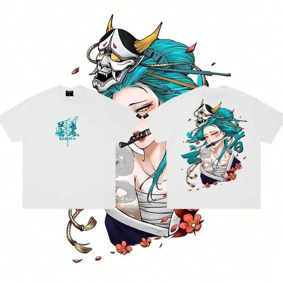 Unisex Black T-Shirt 100% Unwashed Cotton, A320 Geisha Design With Hannya Mask, Anime And Samurai Style, Streetwear Aesthetic Fashion, Casual Wear For Men And Women, Perfect For Use - 紅白色 - 查看 1