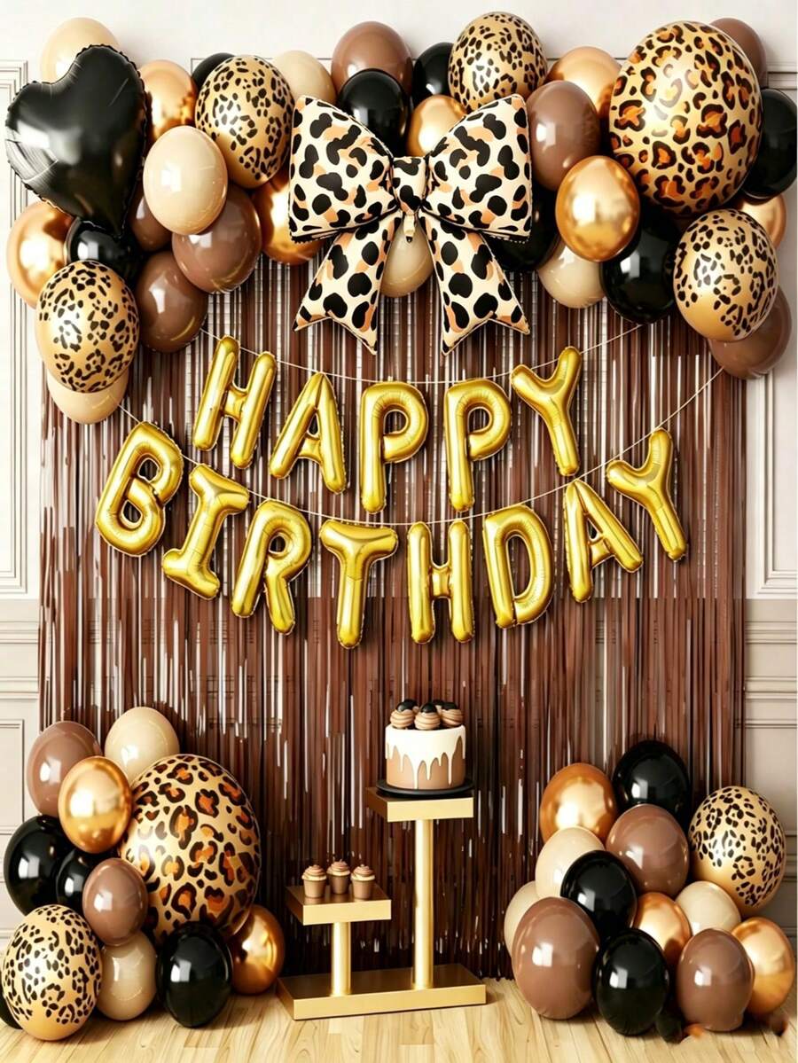 58件豹紋生日裝飾品 黑棕金氣球「Happy Birthday」鋁箔字母流蘇簾 女士女孩豹紋派對生日派對單身女派對裝飾 豹紋派對裝飾 - 查看 1