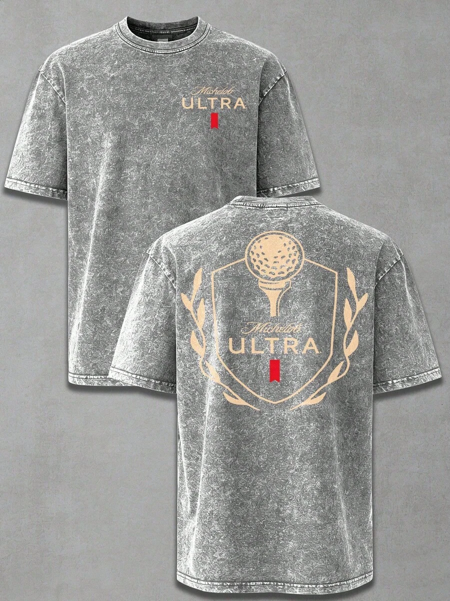 Camiseta Gráfica Oversize Vintage Desgastada de Algodón Michelob Ultra Golf Ball Wash para Hombre, Manga Corta, 100% Algodón, Corte Holgado, Estilo Retro Deportivo Urbano, Casual Vintage, Es - Gris - Ver 1